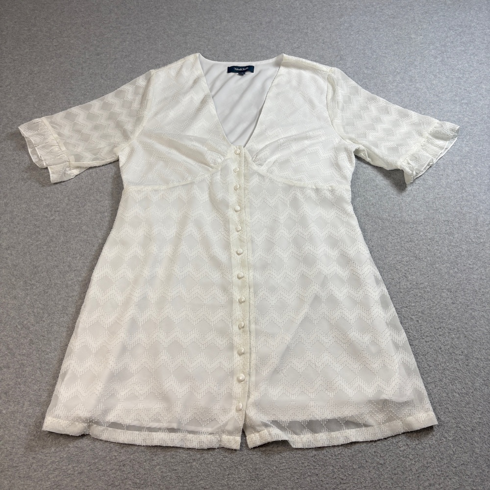 ModCloth Dress Womens 14 White Sheer V Neck Button Lined Boho Coquette Romantic